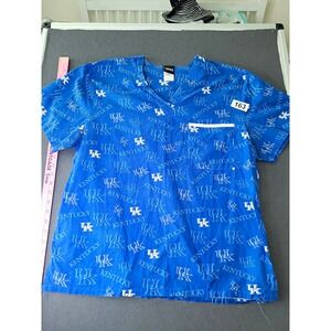 Scrub Dudz Blue Kentucky UK Print V-Neck Scrub Top M 100% Cotton RN122024